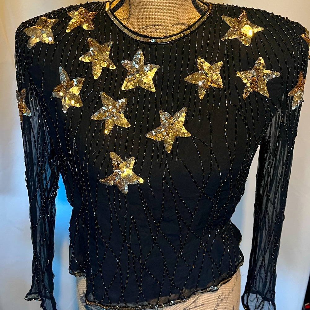 O.R Silk Fashions Black beaded evening shirt, with golden Stars